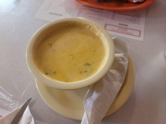 "Loaded potato soup" so thin it could be drunk through a thin straw.