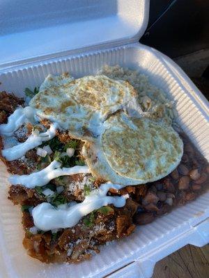 Chilaquiles eggs rice/beans