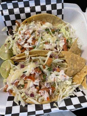 Spicy garlic Octopus taco and spicy garlic shrimp tacos