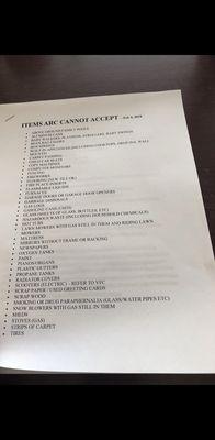 This is just the 1st page of stuff they have listed that they refuse to take from people so they can be lazy.