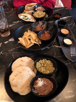 Gorditas with shrimp, chicken Tinga tacos, Elote's corn and an awesome array of different salsas/sauces...