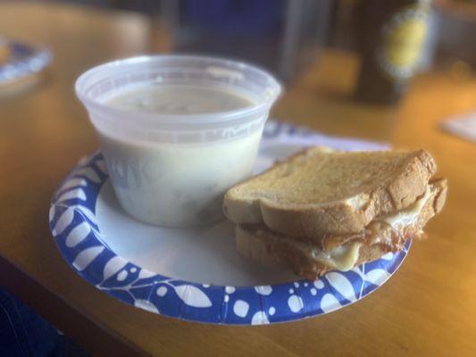 Potato Soup and bacon grilled cheese sandwich lunch special.