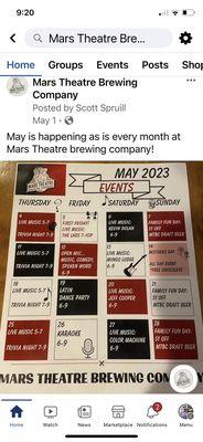 Monthly event calendar.