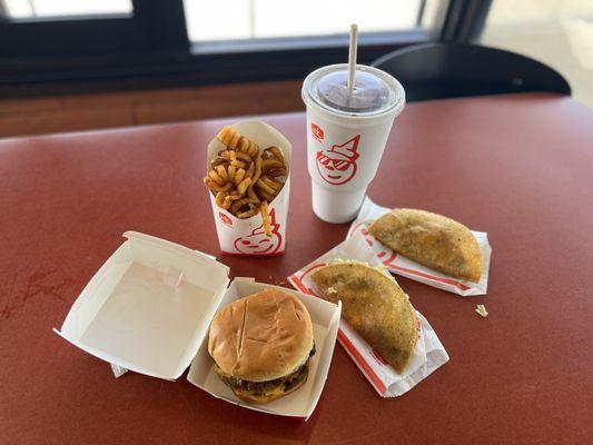 Burger, Tacos, Curly Fries with a drink