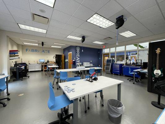 An inside view of the Makerspace, located in the library lobby, just inside the entrance.