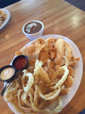 Thin catfish, shrimp onion rings and gumbo