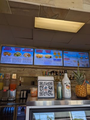 Menu, shrimp taco , pineapple tiki