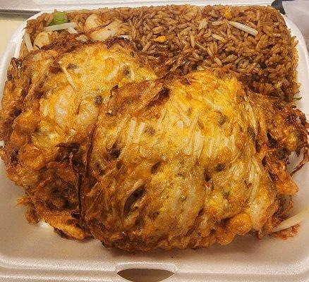 #3 SHRIMP EGG FOO YOUNG COMBINATION PLATE WITH SHRIMP FRIED RICE