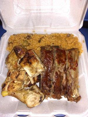 Arroz con Gandule, Half Chicken and Pork Ribs. Delicious but the meats need to be Bigger.