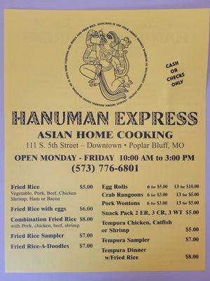 October 2021 Hanuman Express menu - page 1