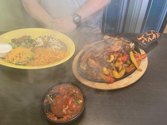 Pork fajitas with rice and beans