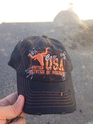 Needed a new hat, found this at the Shell station. Cow USA?!? Shrug.