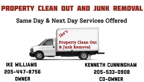 Ike's Property Clean Out and Junk Removal is owned by Kenneth Cunningham. Let us SERVE you! 205-533-0908