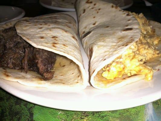 Best Barbacoa taco and Taco de Burbon con chorizo yun joya manzana para tomar ever and they are huge.