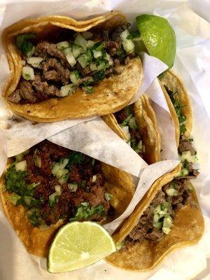 Assortment of Ground Beef Tacos and Steak Tacos.