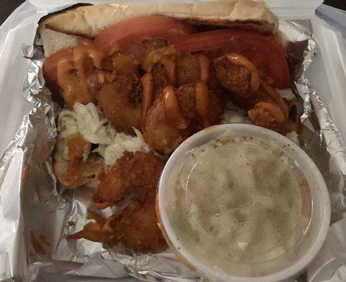 Shrimp po'boy with coleslaw.