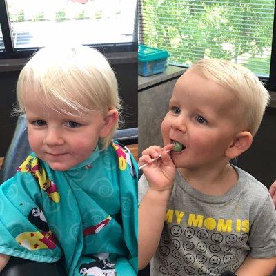 Before and after his first haircut by Andy!