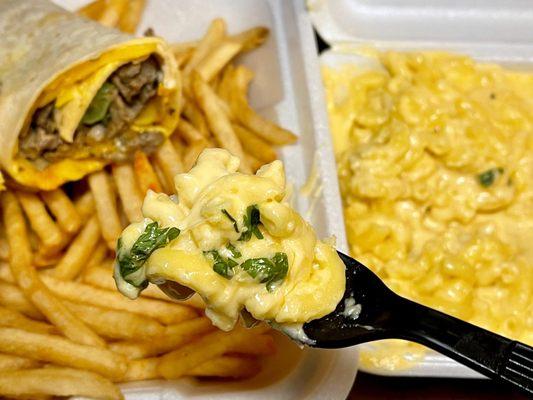 Mac and cheese on right - super cheesy elbow macaroni; Churrasco wrap and seasoned shoestring fries on left