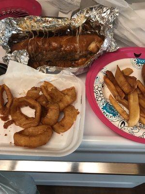 Soggy onion rings , fries that look like they were cooked the day before and soggy and soggy bread on this old looking cheese steak! Ok