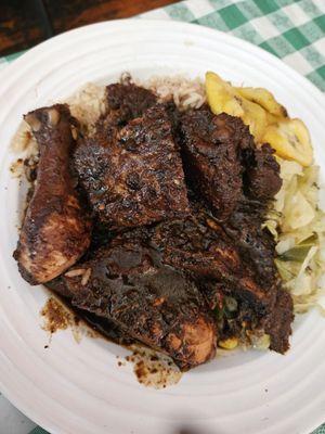 Jerk Chicken with rice, cabbage, and plantains