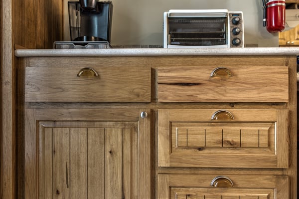 Close-up of the Hickory Cabinetry Doors & Drawers with Kerf lines cut in.