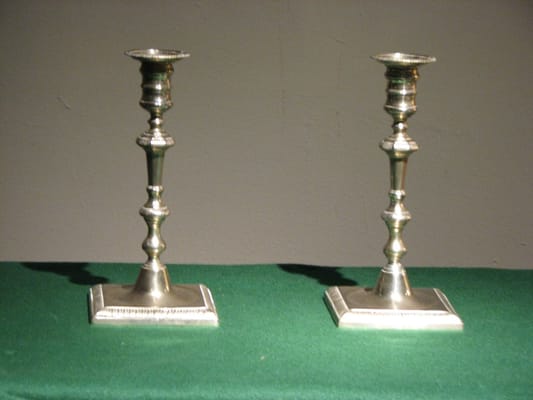 A PAIR OF ANTIQUE ENGLISH, GEORGE III, PAKTONG CANDLE STICKS