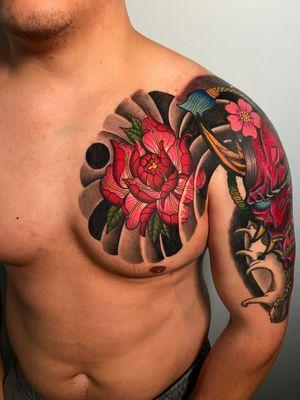 Neotraditional japanese peony chest tattoo