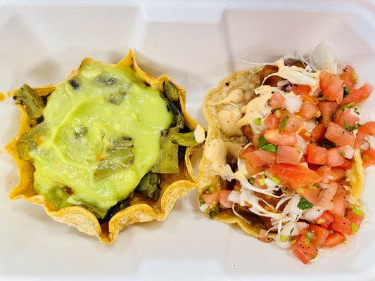 Cactus tostada and sea bass fish taco