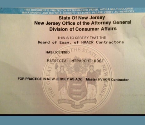 New Jersey HVAC license.