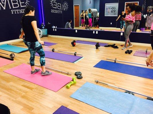 Room set-up for Body Pump w/ instructor Tiplah!