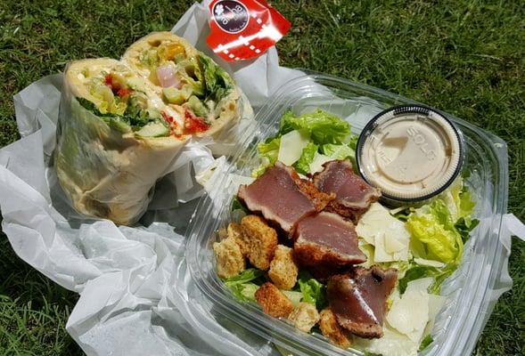 Hummus Pita Wrap and the Aloha Caesar with Ahi