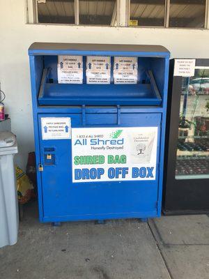 This is our secure drop off container for your shredding bags. Once you fill and seal your bag, just drop it off here for shredding.