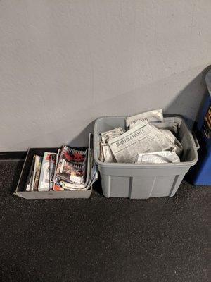 Magazines and newspapers in the back by the treadmills