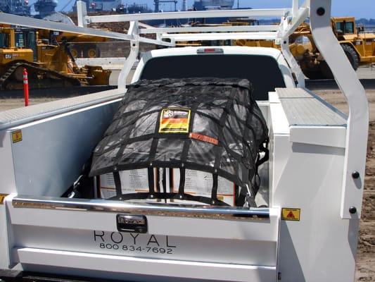 Gladiator Cargo Net Utility truck picture, great for increasing work site safety and meeting compliance codes.