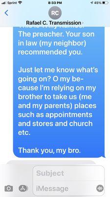 Text message between me and the business.