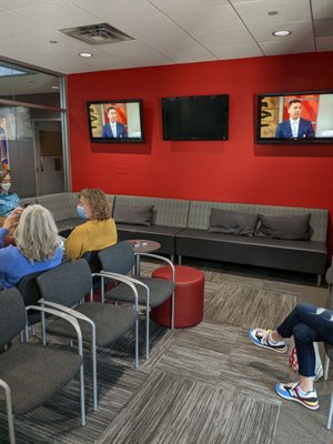 Waiting area. Watching Fox 9 Good Day.