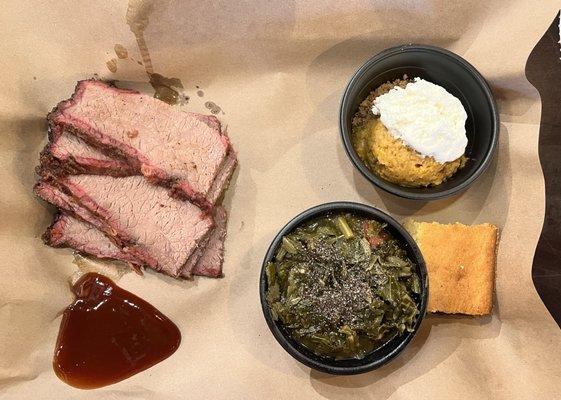 smoked brisket (lean), collard greens, cornbread and a tasty sweet potato dessert!