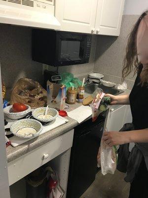 The kitchen is the perfect size to prepare meals for small families of 12 or more.