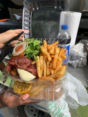 Fries, turkey burger plantains and rice