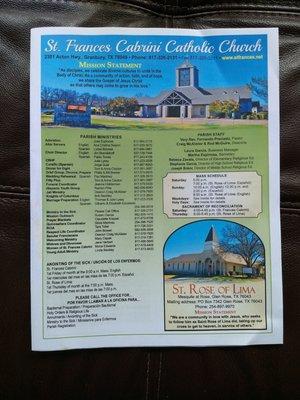 Church bulletin. Note that this address is St. Frances Cabrini, and that St Rose of Lima is in Glen Rose, 30 miles away.