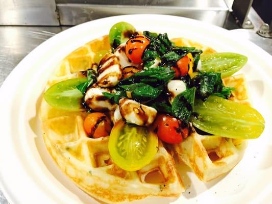 Caprese salad waffle with balsamic reduction. Yum