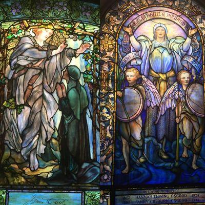 "The Annunciation" 1900 (left) "Blessed are ye When Men Shall Revile You" 1930 (right). Come see 30 years of art in our Tiffany windows.