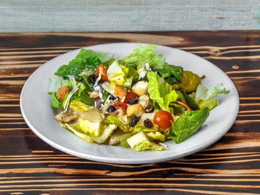 Get Money Salad | Italian Salad | fresh Romaine bed of lettuce, black olives, red onions, croutons & a pepperoncini