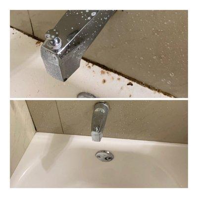 Before and after bath tub/ grout cleaned.