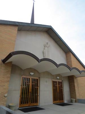 Closer view of the front of the church