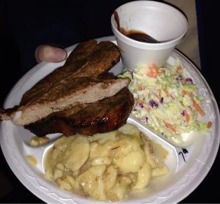 Pork Steak, German Potato Salad, Coleslaw, BBQ Sauce