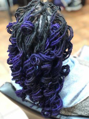 Purple Locs curled with rods for body