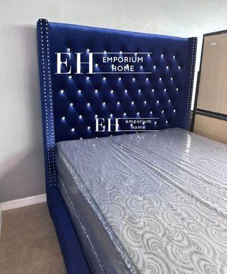 Queen bed blue velvet 70" height $499