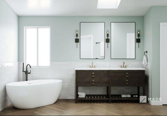 Redwood City bathroom remodel with soaking tub, dual shower heads, floating vanity, marble tile, and skylight.