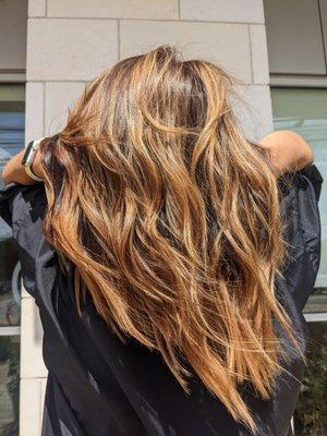 Root touchup and caramel balayage